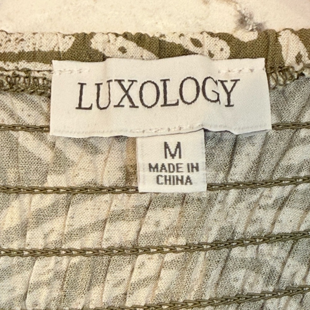 Luxology Palm Print Maxi Dress Ruffle Straps Smocked Back Olive Green Size M - Picture 10 of 12